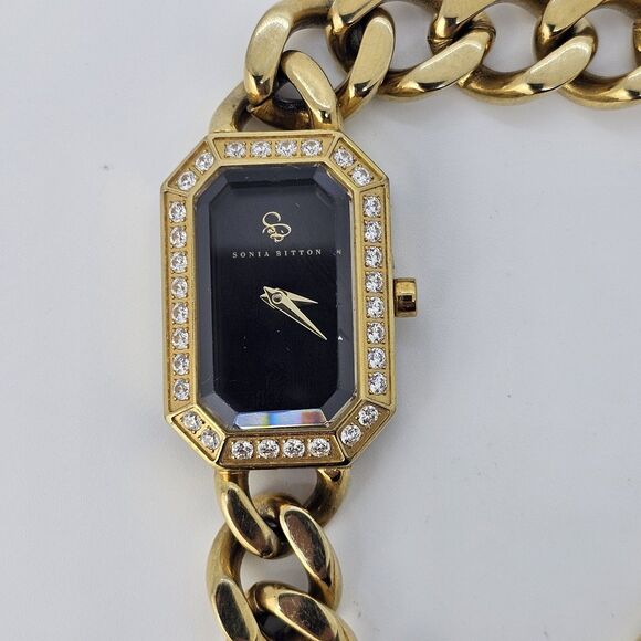 Sonia Bitton Women's Watch 20MM Black Dial Gold Band Up to 7.75" New Battery‎ - Picture 2 of 7